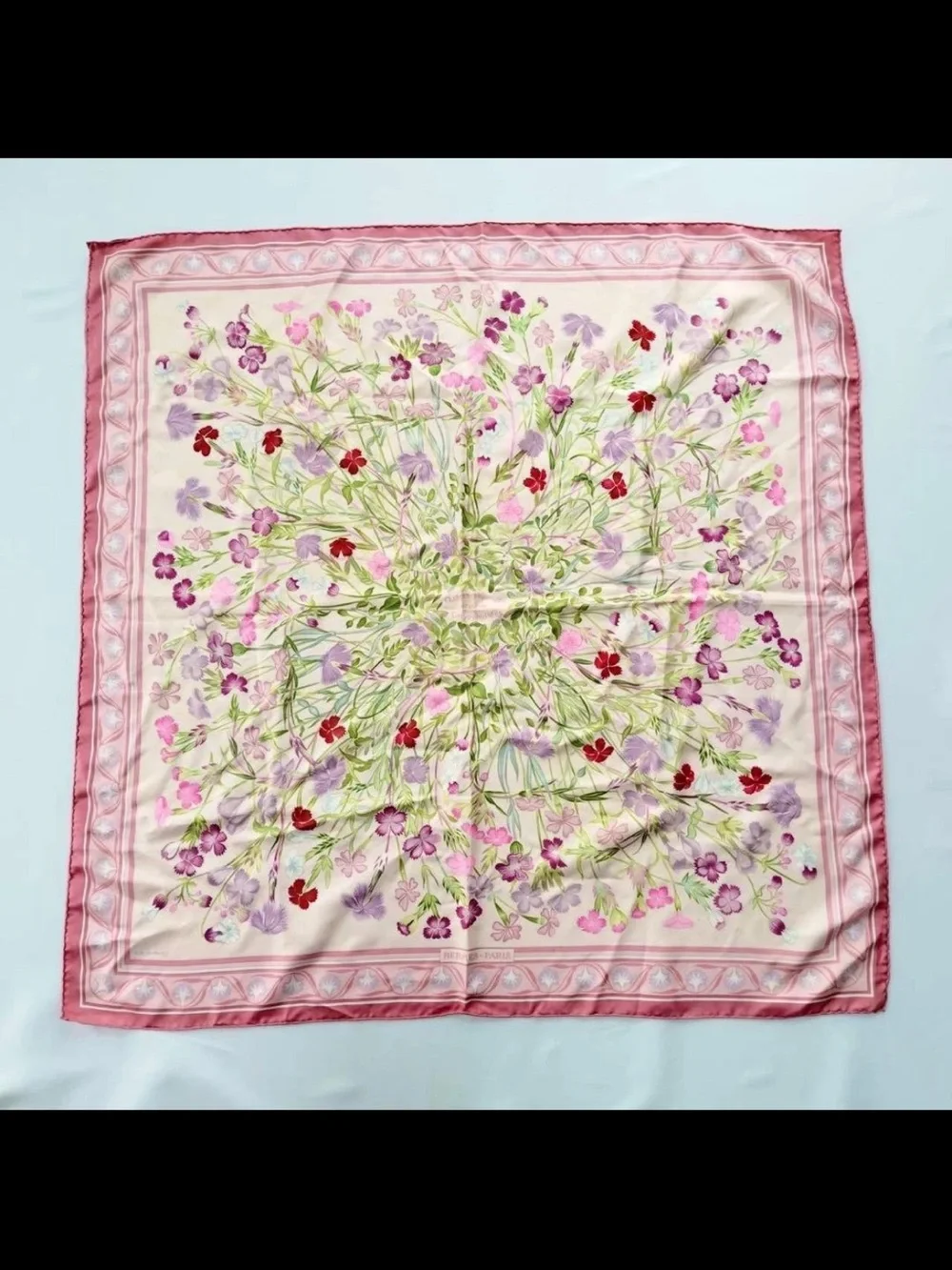 Hermes Pink Floral Print Silk Square Scarf